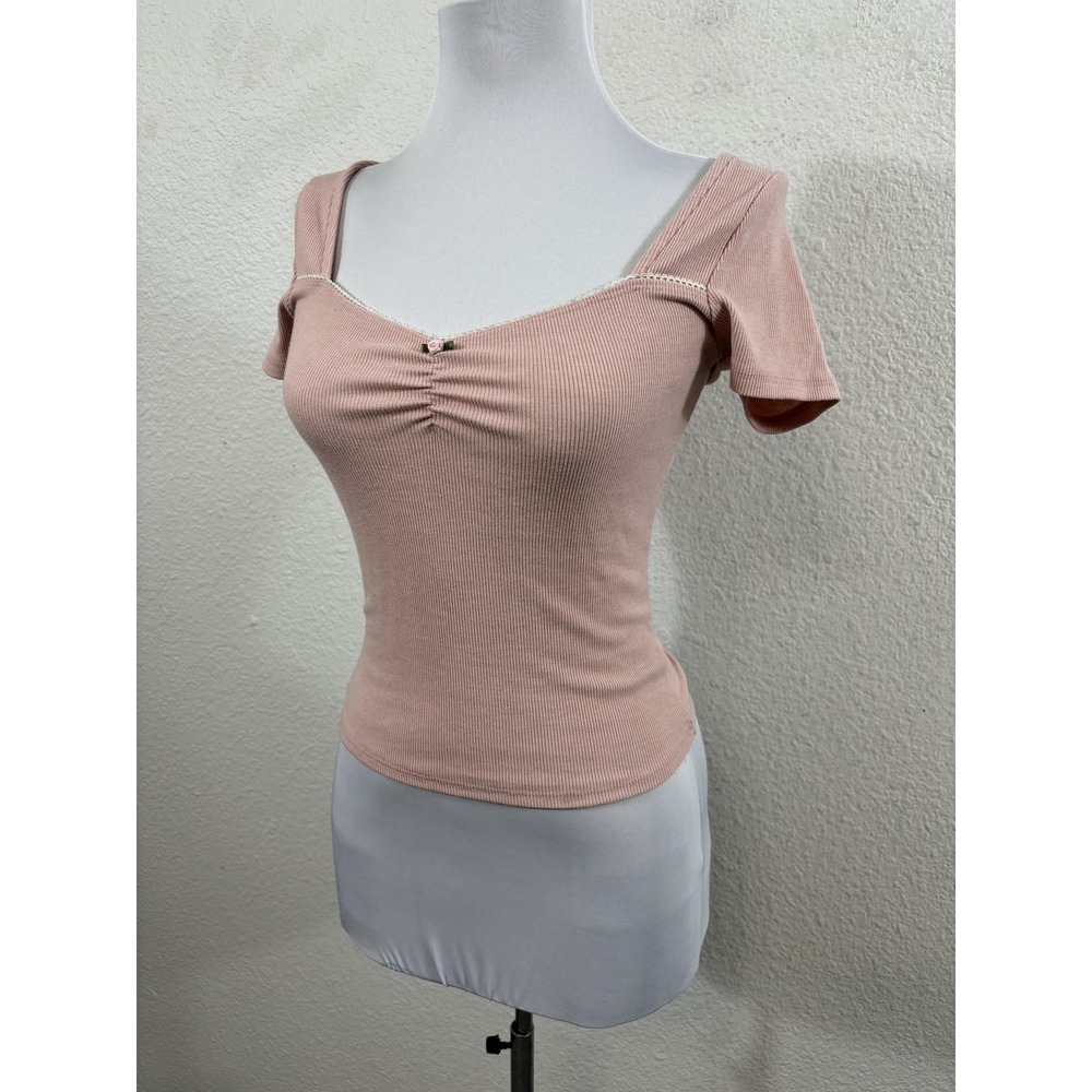 Mixed Thread Shirt Womens‎ XS Pink Ribbed Square Neck Ruched Y2K - Picture 2 of 8